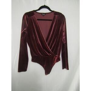 Express Small Women’s Velvet Burgundy Long Sleeve Bodysuit Surplice Top